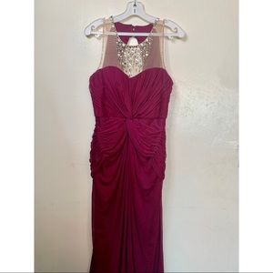 Long plum colored dress with beaded mesh top